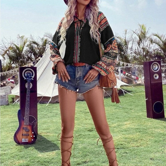 Boho Tribal Paisley Print Long Sleeve Top Blouse Shirt Black - Picture 4 of 6